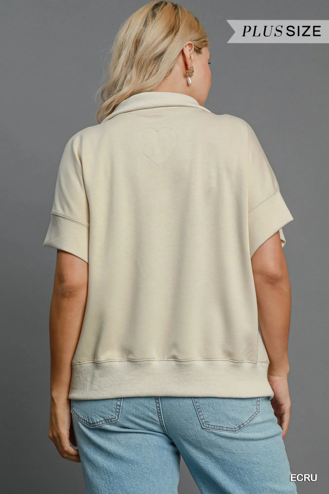 Umgee Full Size Half-Zip Short Sleeve Top Plus Size