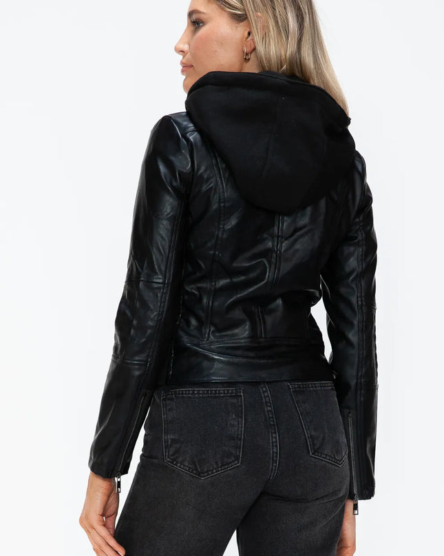 Snobbish Faux Leather Zip Up Drawstring Hooded Jacket