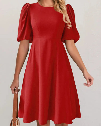 Round Neck Puff Sleeve A-Line Dress Red