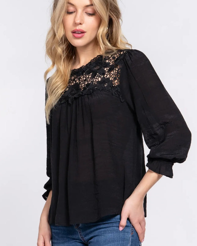 ACTIVE BASIC Crochet Lace Panel Flounce Sleeve Blouse
