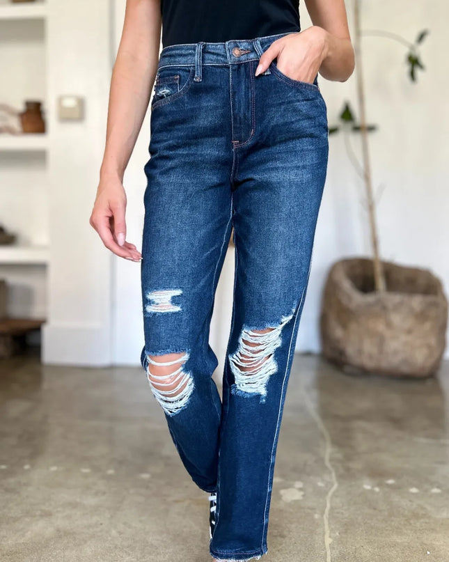 Judy Blue Full Size High Waist Rigid Magic Heavy Destroy Straight Jeans 