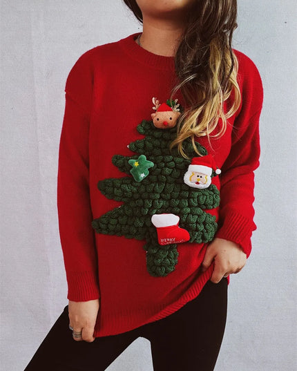 Christmas Tree Round Neck Long Sleeve Sweater Deep Red One Size