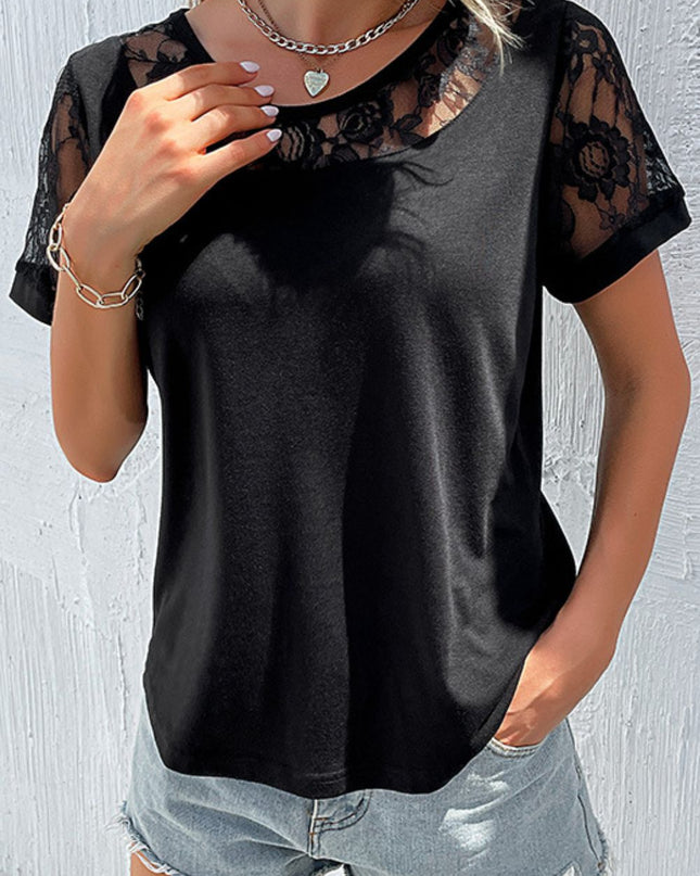 Perfee Spliced Lace Round Neck Short Sleeve Top