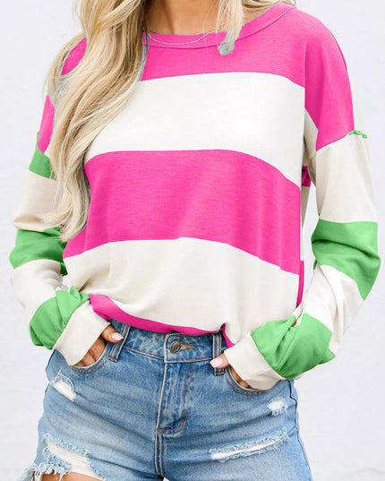 Color Block Drop Shoulder Long Sleeve Top Fuchsia Pink