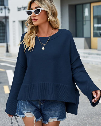 Round Neck Dropped Shoulder Slit Sweater