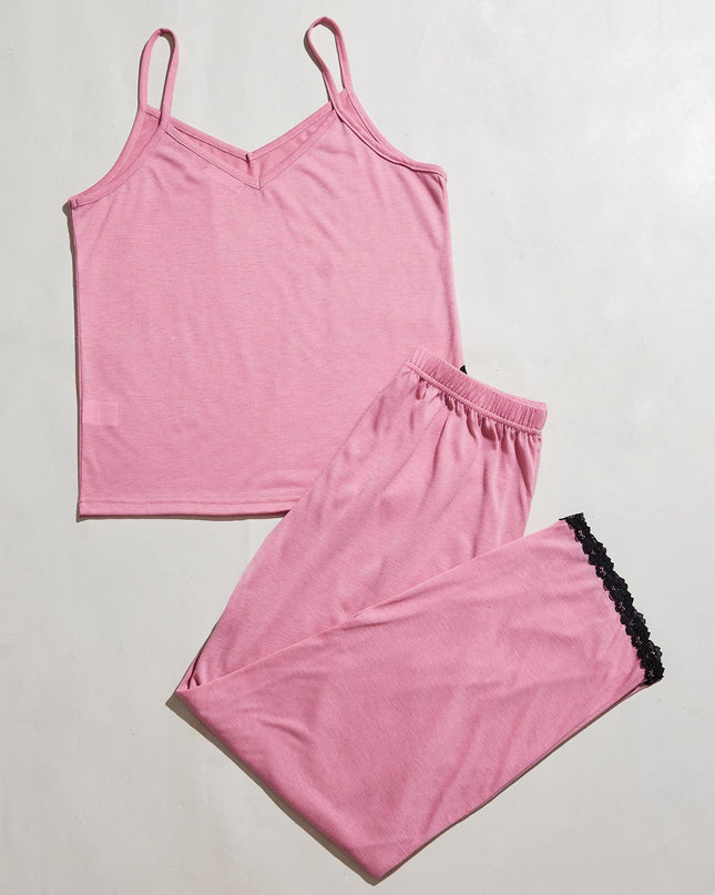 V-Neck Lace Trim Slit Cami and Pants Pajama Set Pink