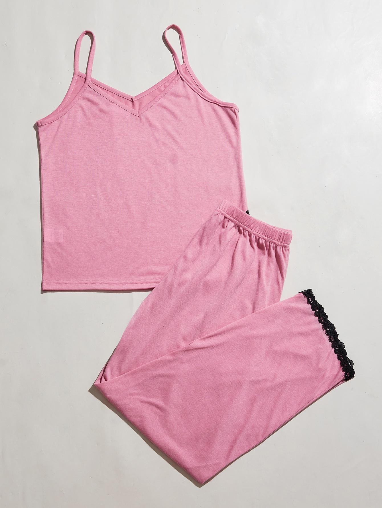 V-Neck Lace Trim Slit Cami and Pants Pajama Set Pink