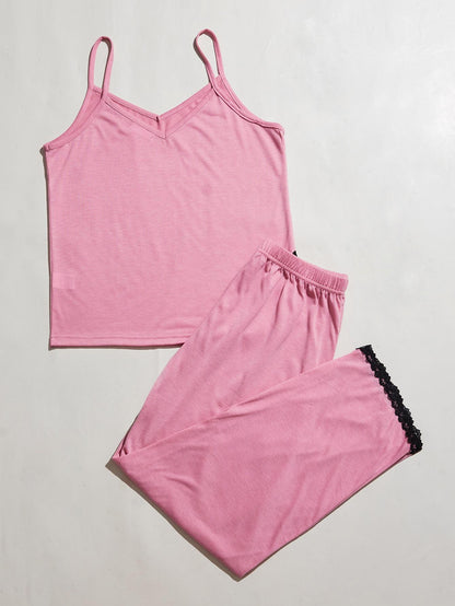 V-Neck Lace Trim Slit Cami and Pants Pajama Set Pink