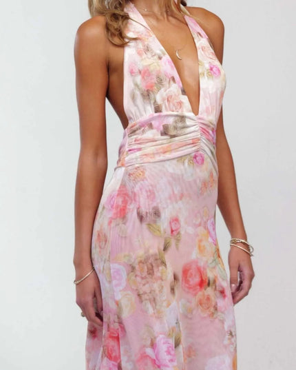 Floral Halter Neck Deep V Maxi Dress