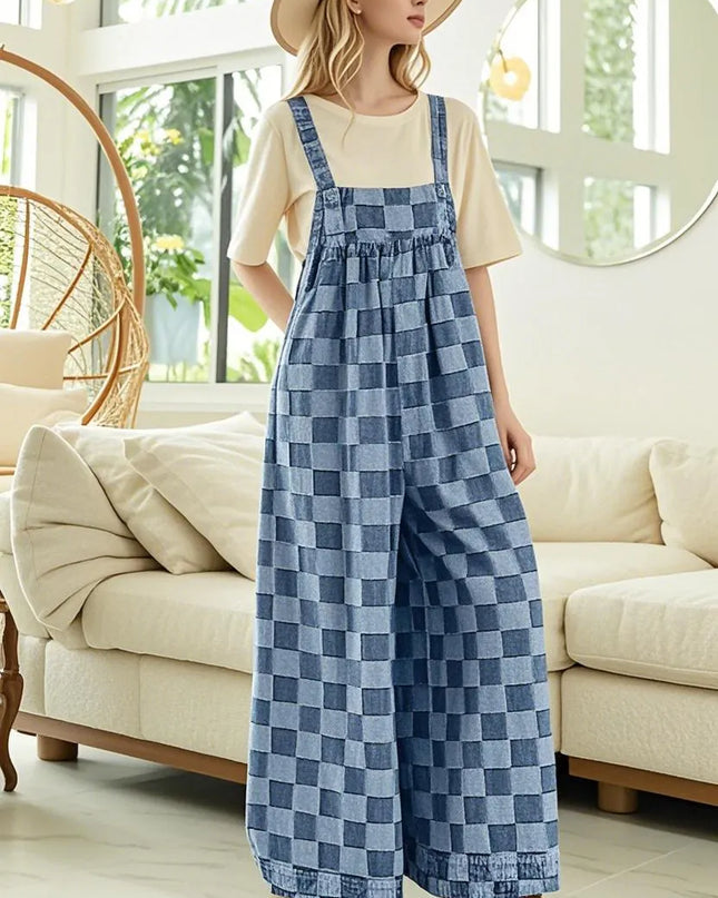 Double Take Checkered Sleeveless Wide Leg Denim Jumpsuit Medium