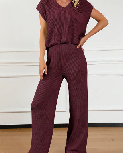 Pocketed V-Neck Top and Wide Leg Sweater Set Burgundy