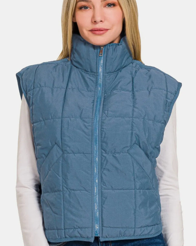 Zenana Zip Up Cropped Puffer Vest with Pockets