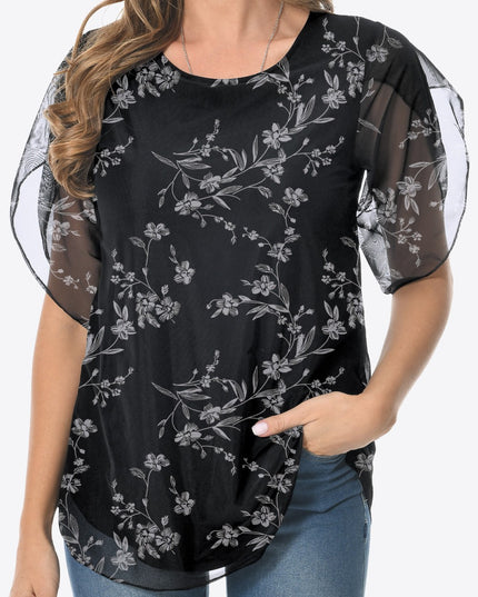 Printed Round Neck Curved Hem Blouse