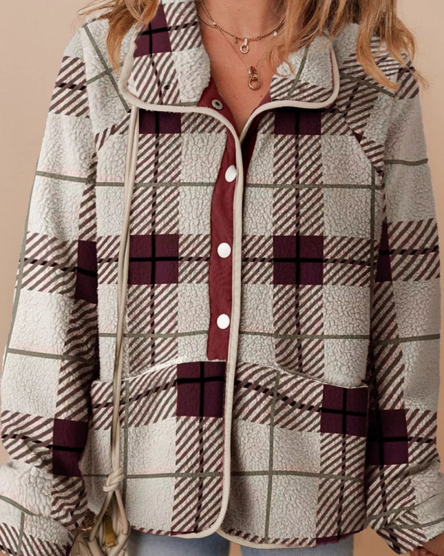 Plaid Buttoned Stand Collar Fleece Jacket Plaid