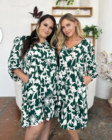 Double Take Full Size Printed Ruffle Hem Dress with Pocket