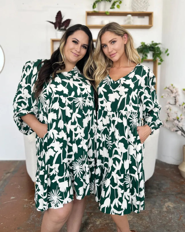 Double Take Full Size Printed Ruffle Hem Dress with Pocket