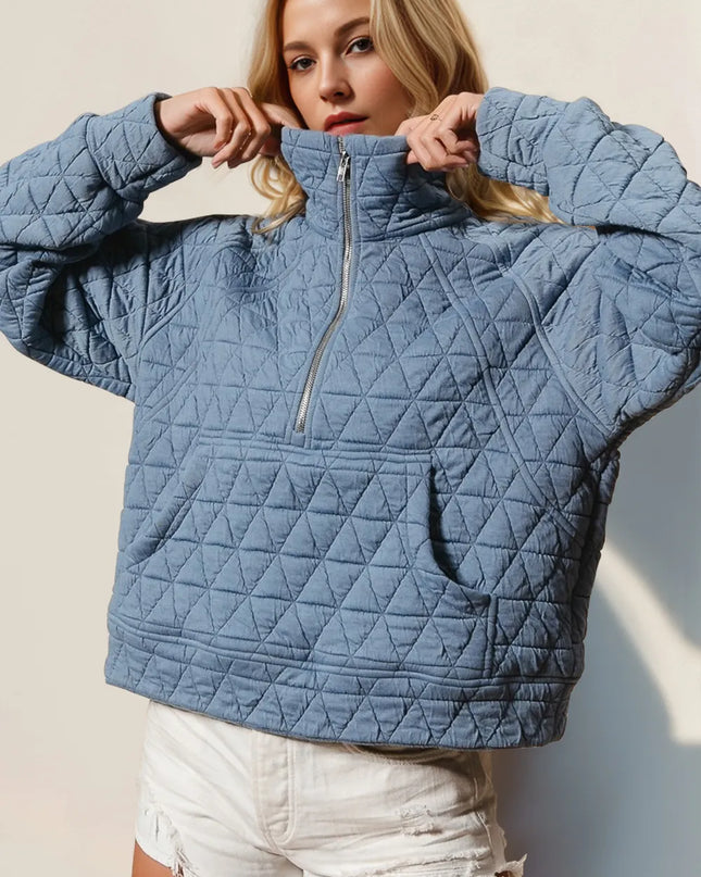 Double Take Half Zip Long Sleeve Quilted Sweatshirt with Pocket Light Blue