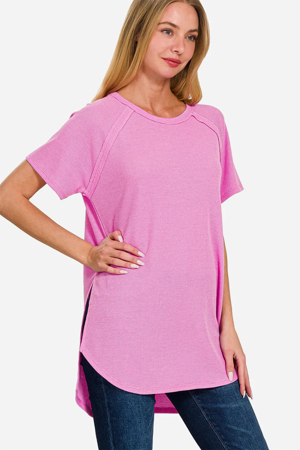 Zenana Slit Round Neck Short Sleeve Waffle Top BRIGHT MAUVE