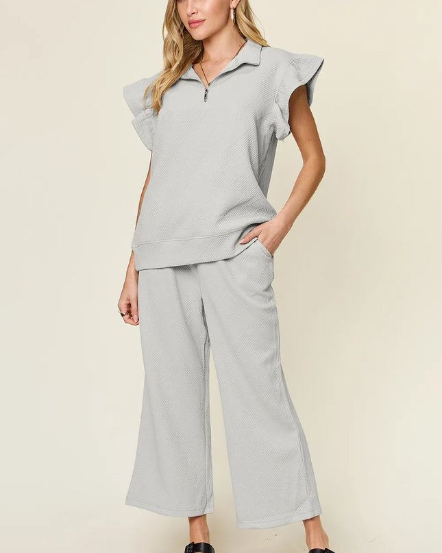 Double Take Texture Ruffle Short Sleeve Top and Drawstring Wide Leg Pants Set Light Gray