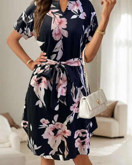 Abstract Print Belted Short Sleeve Midi Dress Floral