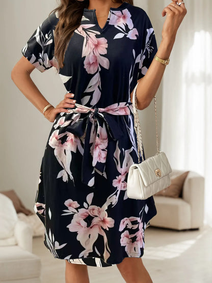 Abstract Print Belted Short Sleeve Midi Dress Floral