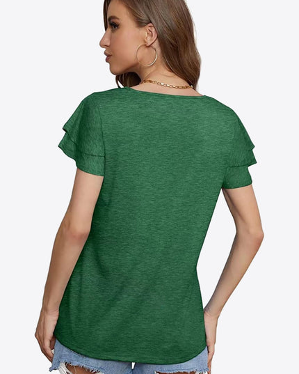 Tie-Neck Layered Flutter Sleeve Blouse