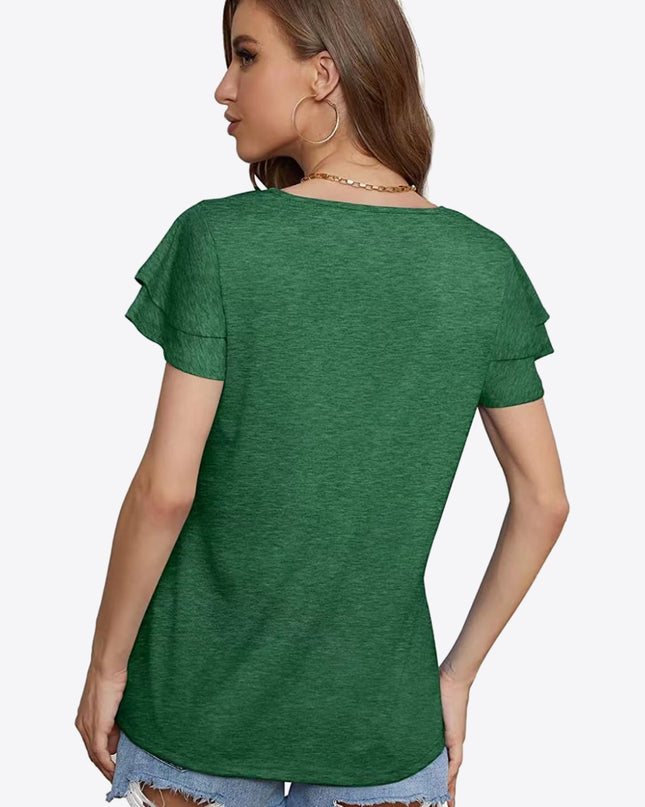 Tie-Neck Layered Flutter Sleeve Blouse