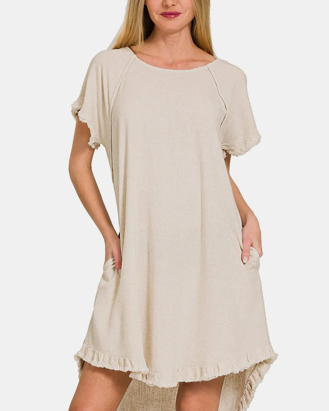 Zenana Fringe Edge High Low Flowy Dress with Pockets Beige