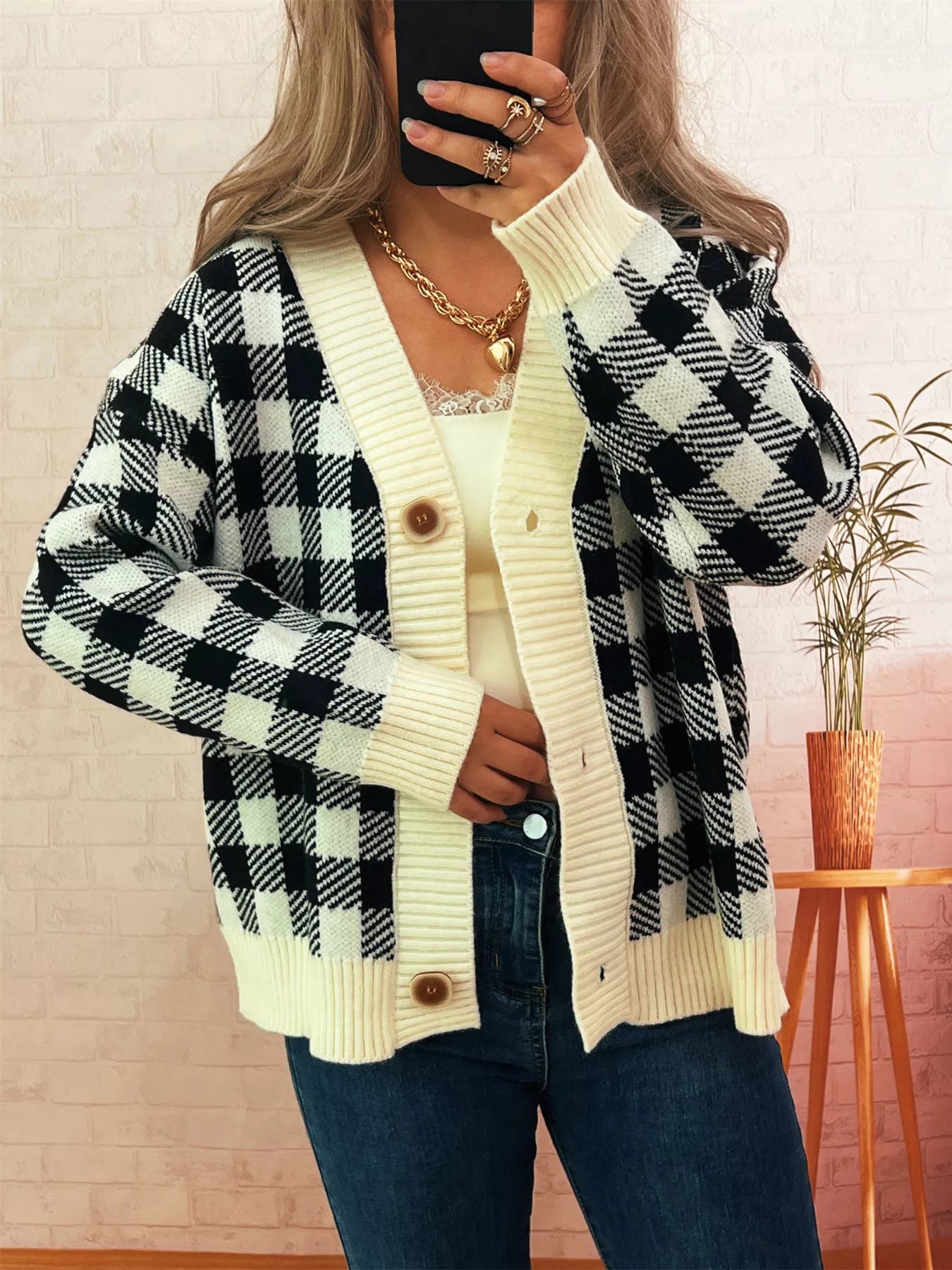 Plaid Button-Down Cardigan