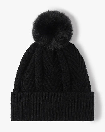Cable Knit Solid Color Hat with Pompom Black One Size