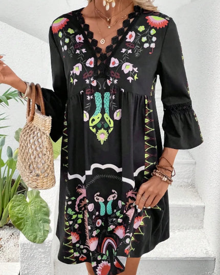 Lace Detail Printed Three-Quarter Sleeve Dress Black