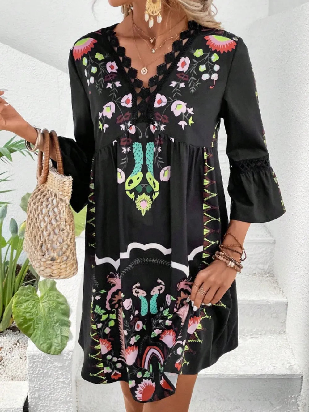 Lace Detail Printed Three-Quarter Sleeve Dress Black