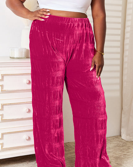 Double Take Full Size High Waist Tiered Shirring Velvet Wide Leg Pants