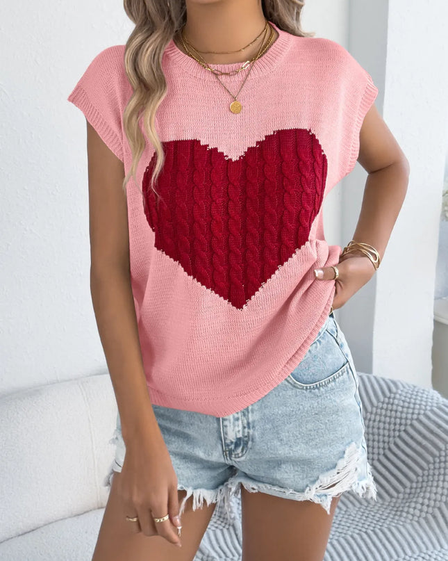 Cable Knit Heart Round Neck Cap Sleeve Knit Top