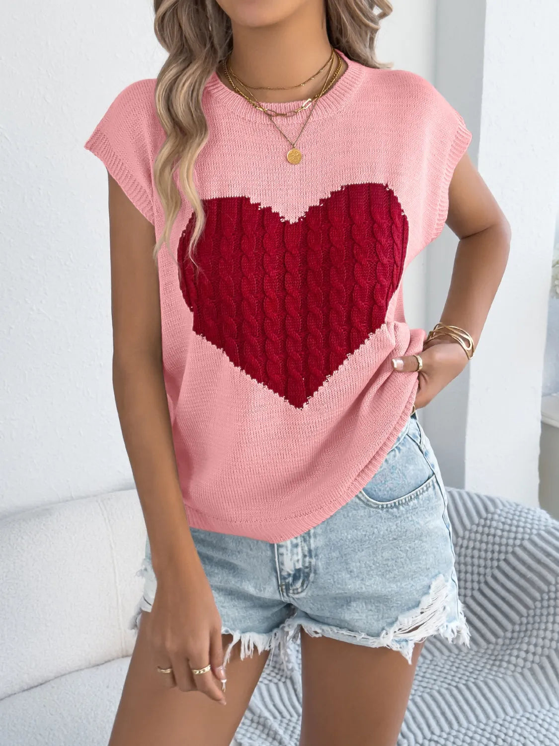 Cable Knit Heart Round Neck Cap Sleeve Knit Top