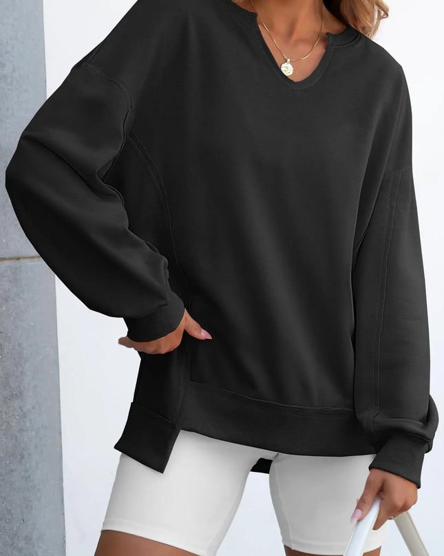 Notched Long Sleeve Oversized Sweatshirt