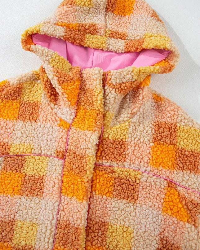 Checkered Long Sleeve Sherpa Hooded Jacket