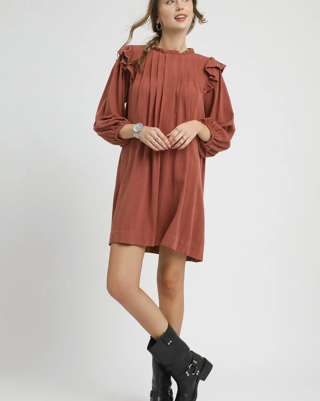 Umgee Linen Ruffle Shoulder Pleated Babydoll Dress