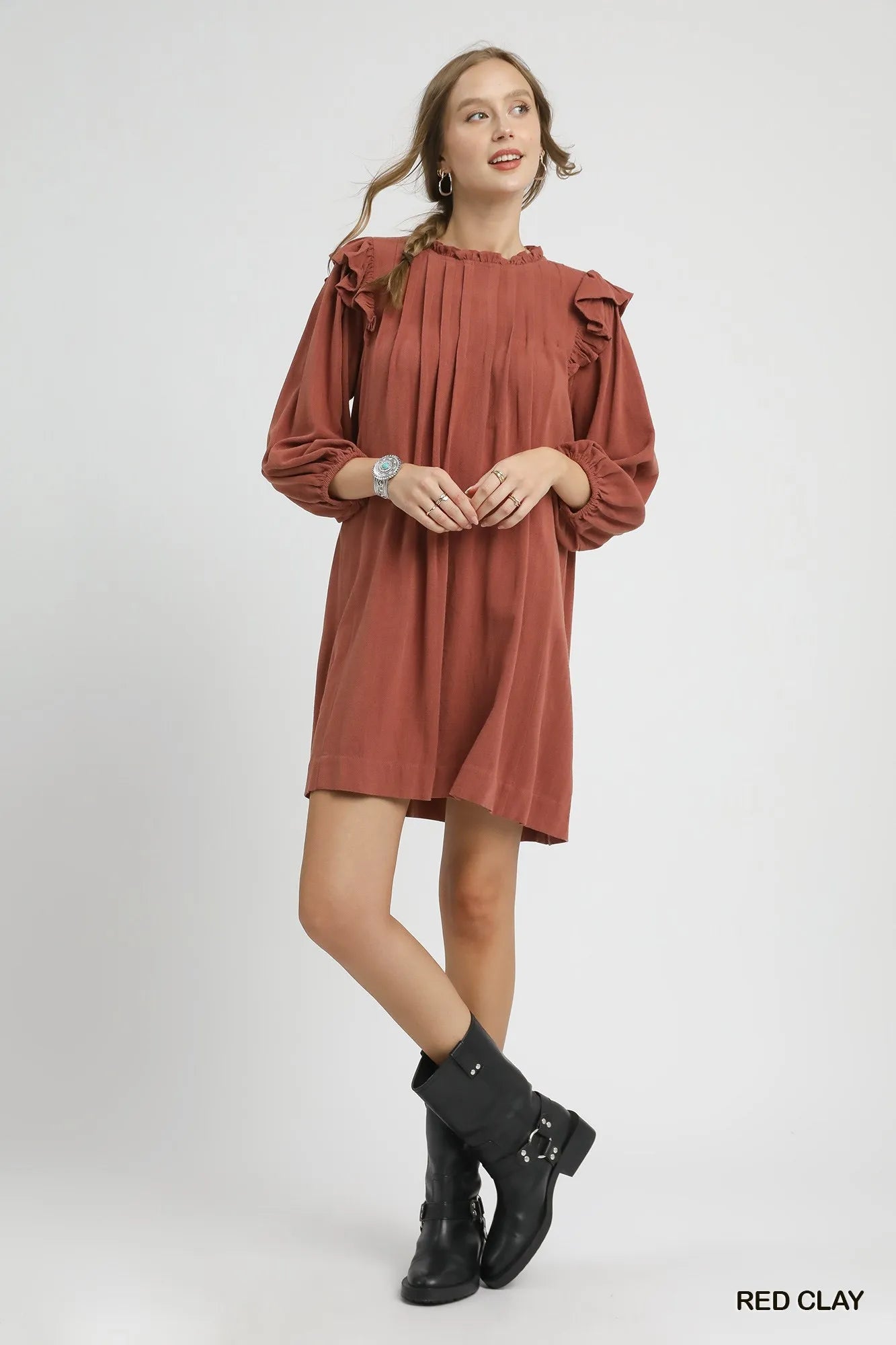 Umgee Linen Ruffle Shoulder Pleated Babydoll Dress