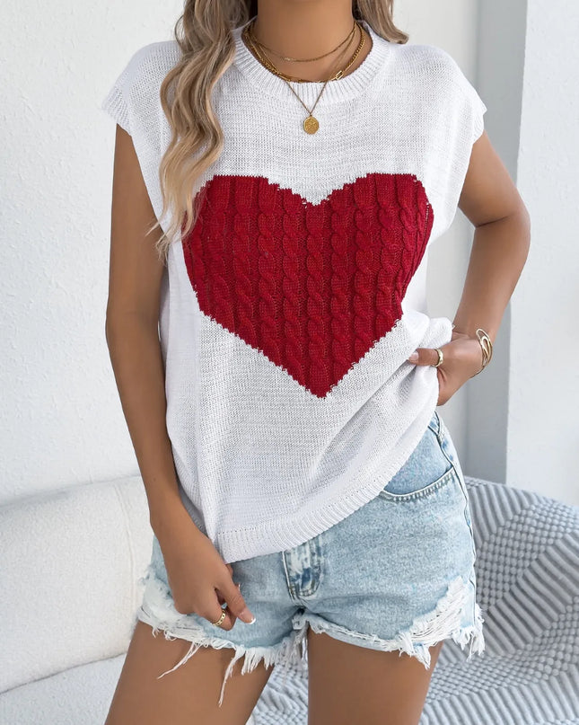 Cable Knit Heart Round Neck Cap Sleeve Knit Top White