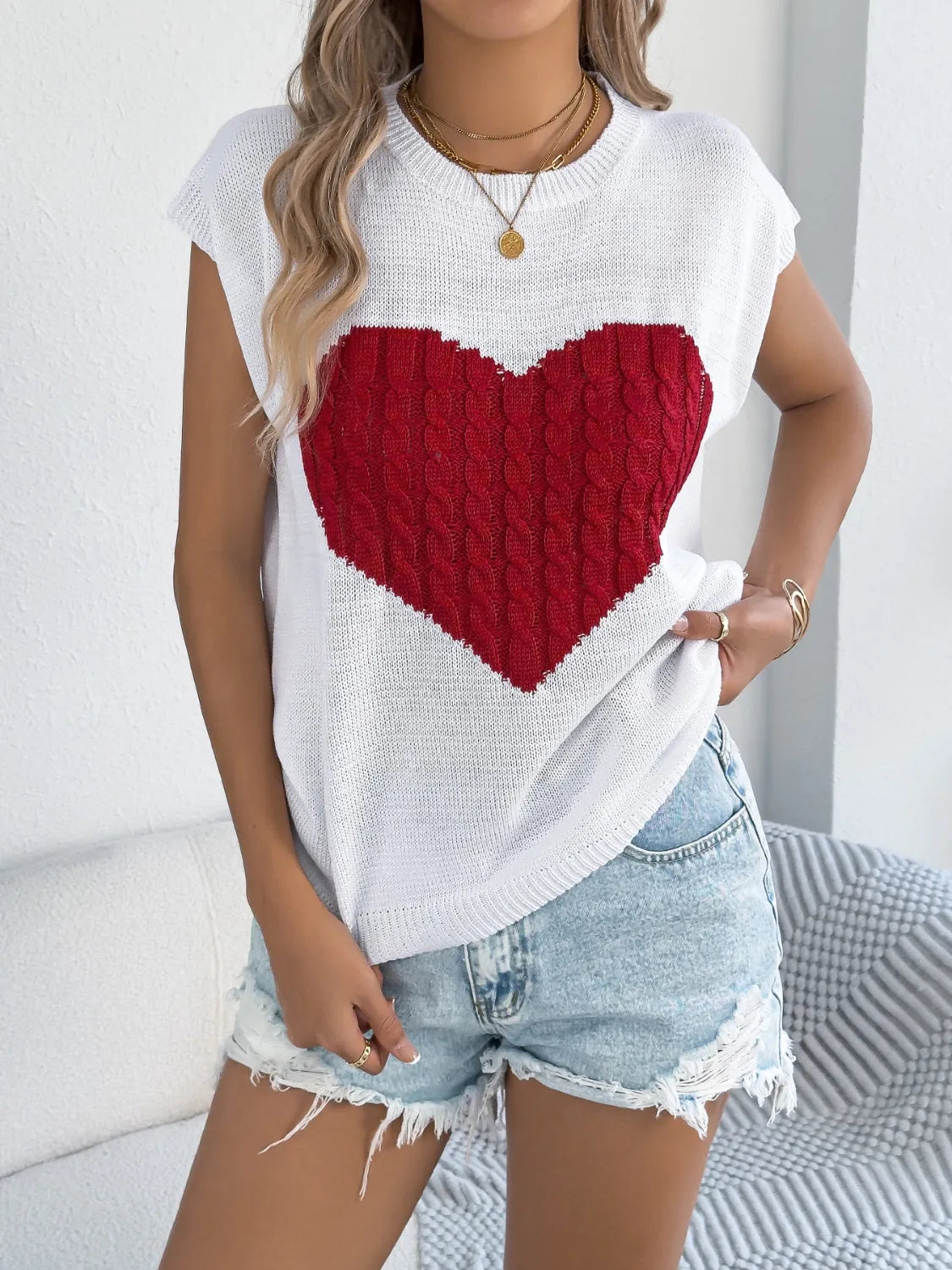 Cable Knit Heart Round Neck Cap Sleeve Knit Top White