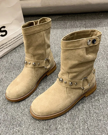 Studded Suede Mid-Calf Harness Boots Apricot