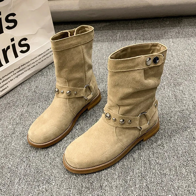 Studded Suede Mid-Calf Harness Boots Apricot