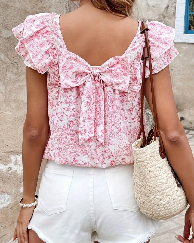 Bow Back Floral Print Ruffle Sleeve Blouse Pink