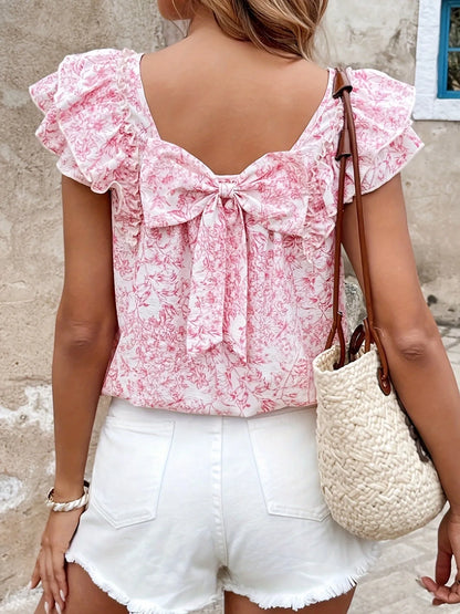 Bow Back Floral Print Ruffle Sleeve Blouse Pink