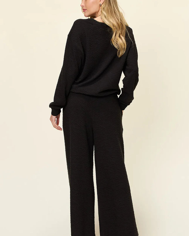 Double Take Full Size Texture Long Sleeve Top and Pants Set