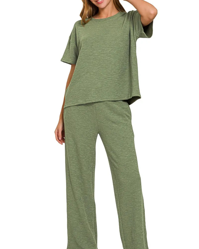 Zenana Slub Short Sleeve T-Shirt and Pants Set LT OLIVE