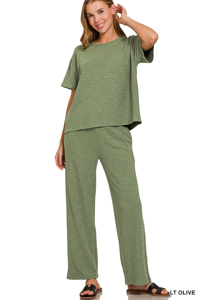 Zenana Slub Short Sleeve T-Shirt and Pants Set LT OLIVE
