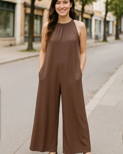 Double Take Full Size Tie Back Cutout Sleeveless Jumpsuit Brown