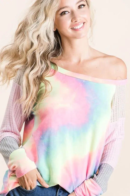 BiBi Tie Dye Terry Top with Color Block Pointelle Knit